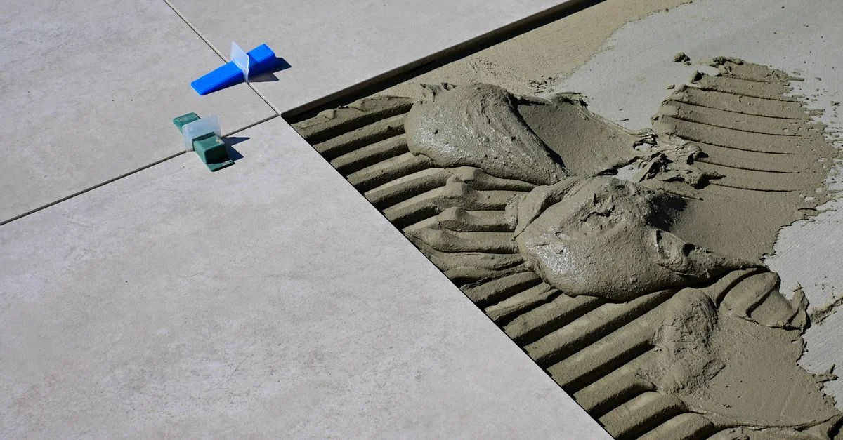 Gros plan sur du ciment humide et des croisillons de carrelage lors de l'installation de carreaux.