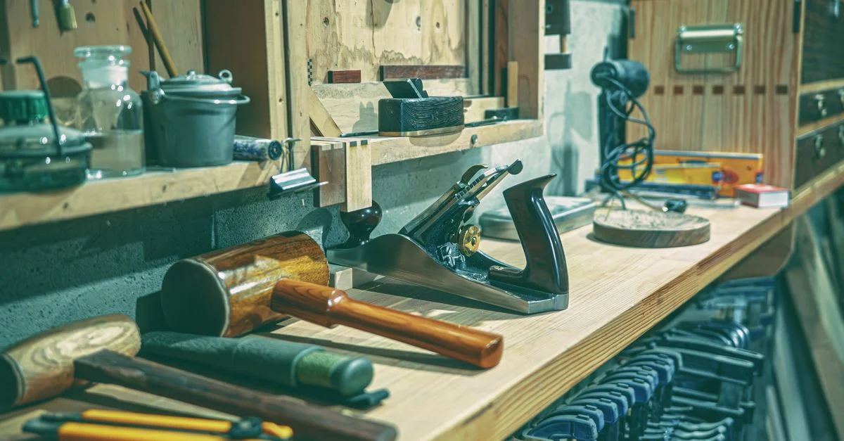 Un établi d'atelier bien rangé avec divers outils de travail du bois et des pinces soigneusement disposés.